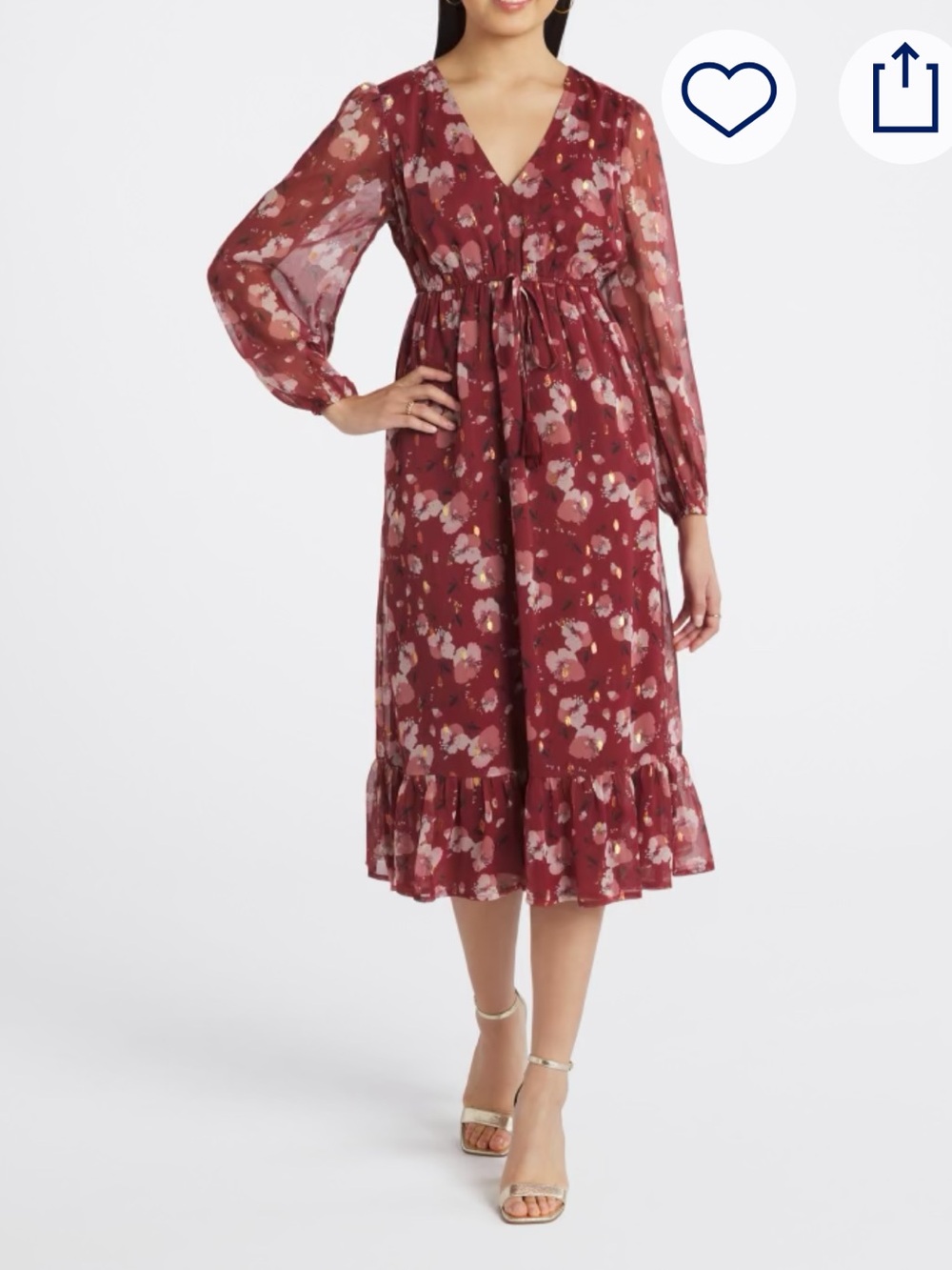Floral V-Neck Midi Dress in Burgundy